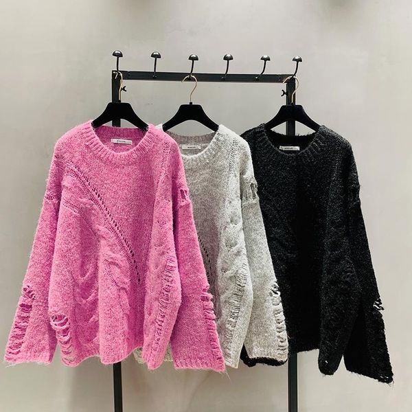 

2020 new autumn winter korean fashion round neck sweater loose jumper women middle long twist broken hole knitted jumper female, White;black