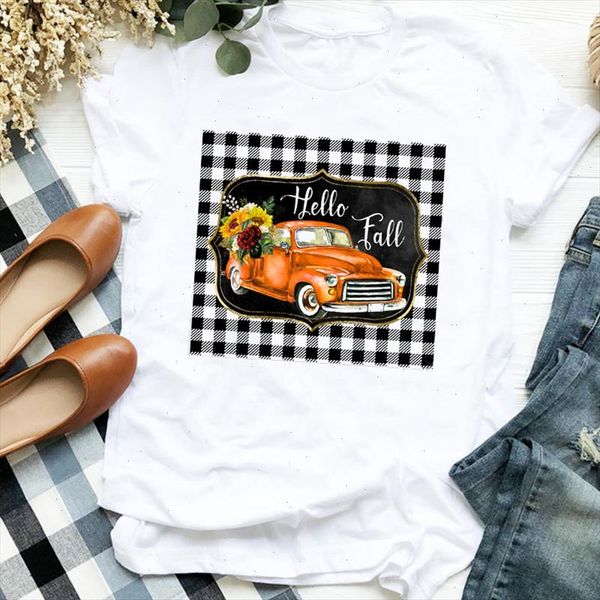 

women lady pumpkin plaid truck floral thanksgiving halloween print tshirt female t tee womens shirt clothes graphic t shirt, White