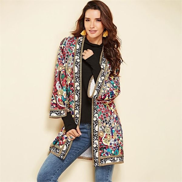 

ethnic floral print jacket women autumn winter long sleeve side split casual outerwear ladies retro long cardigan jacket 201029, Black;brown