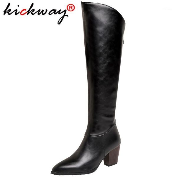 

boots kickway microfiber leather women knee high pointed toe western cowboy mid-calf chunky long large size 461, Black