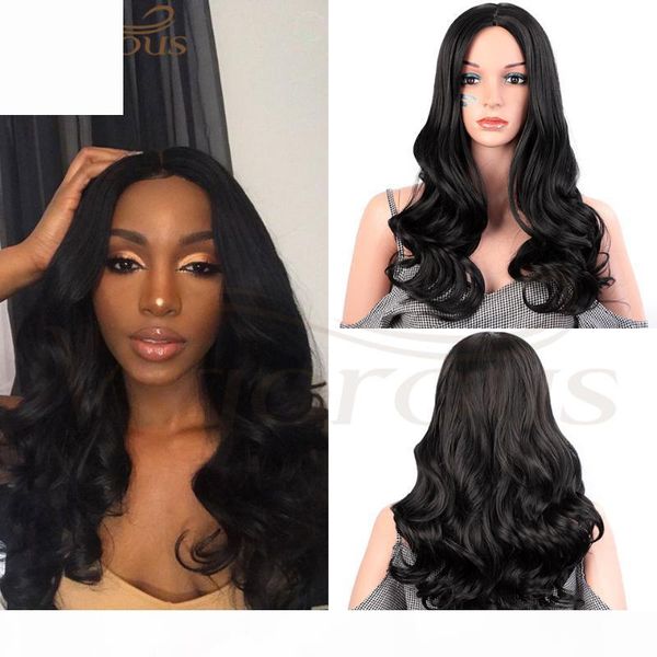 

igorouus long black wigs natural heat resistant fiber hair middle part synthetic wigs for black woman natural wave