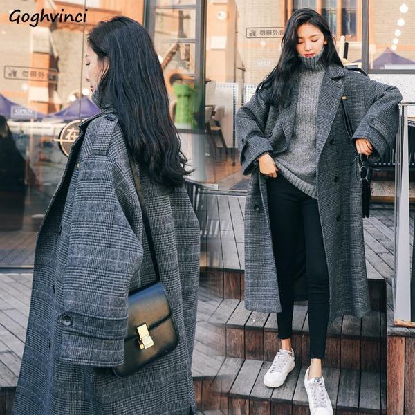 

wool coat women plus size plaid feminino elegant long double breasted womens winter clothing blends for ladies korean fashion1, Black