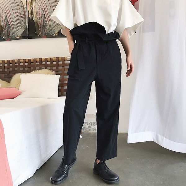 

2021 Show Dropped New Style Side-waisted Design Straight of Men with High Waist Vertical Cut Nine Minutes Pants VG1G, Black