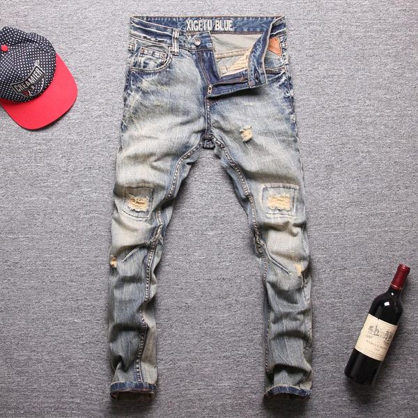 

men's jeans italian style fashion men retro wash slim fit destroyed ripped biker pants, Blue