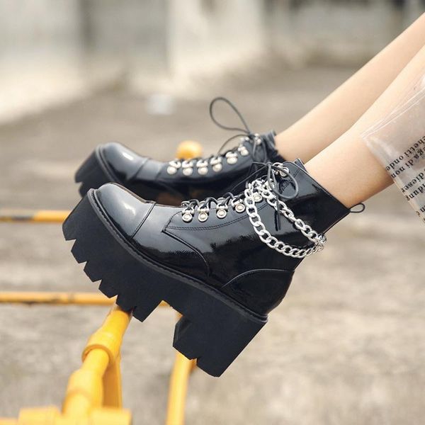 

lace up shoes gothic boots women fur platform boots high heel winter shoes motorcycle ankle waterproof snow, Black
