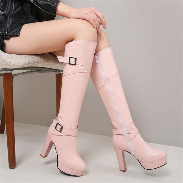

boots pxelena elegant women knee high round toe buckle zip white pink black block heels work date party shoes plus size 34-43