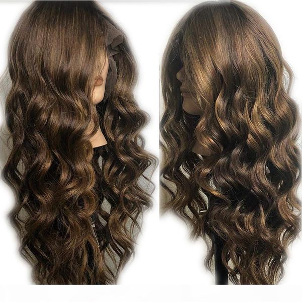 

glueless pre plucked with baby hair lace front human hair wigs peruvian virgin human hair ombre body wave highlights wig chocolate color, Black