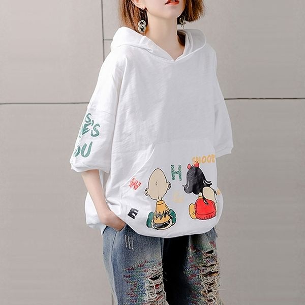 

95% cotton tee shirt femme summer korea fashion women short sleeve loose print tshirt hooded casual t shirts plus size s785 201028, White