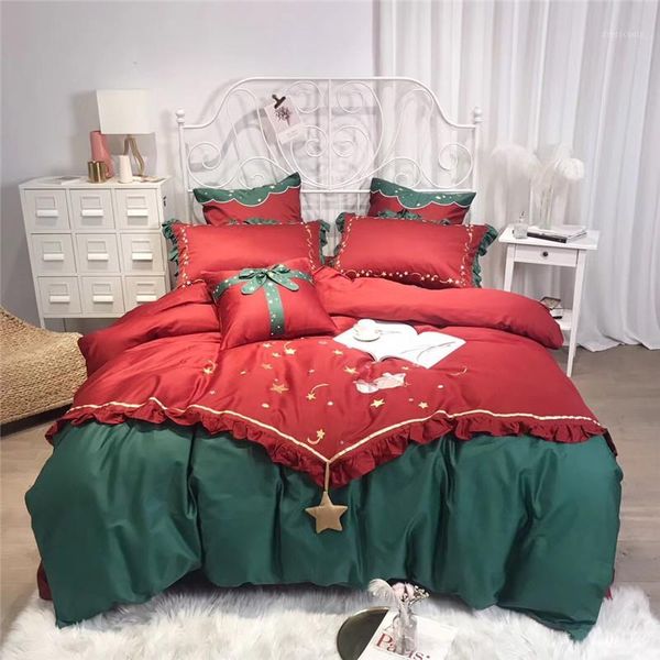 

christmas bedding sets red egyptian cotton embroidery bed cover bed sheet pillowcase set 4/7pcs for girls gift1