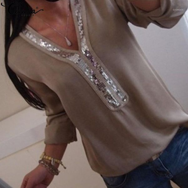

plus size celmia chic women v neck sequins chiffon blouse shirt 2020 spring autumn long sleeve casual blusas femininas1, White