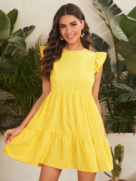 

allover plants print butterfly sleeve dress y0zx#, Black;gray