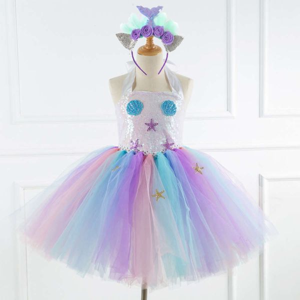 

girl's 2020 sequin new starfish mermaid seashell mh children's princs drs headdrs, Red;yellow