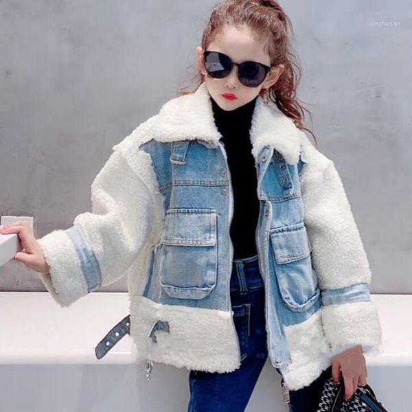 

2021 korean style fashion girls denim fleece patchwork coat full sleeve winter girls coat 5-10t f8281, Blue;gray