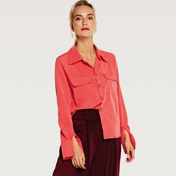 

six senses 2019 new women's cotton shirts slim turn-over collar, single-row button and big pocket women blouses hm0131, White