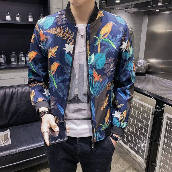 

men's jackets fashion casual slim jacket men spring floral print business bomber streetwear outwear stand collar coat clothes, Black;brown