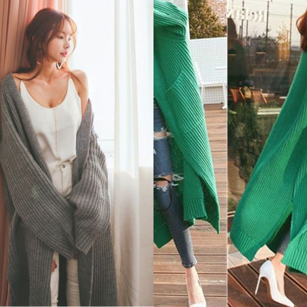 

new lazy style loose cardigan sweater in autumn and winter 2020 women's medium length thick wool knee thick knitted sweater wooljacket, White;black