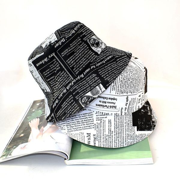 

wide brim hats 2021 fisherman's cap men's and women's old spaper pattern printing basin hat street sun leisure, Blue;gray