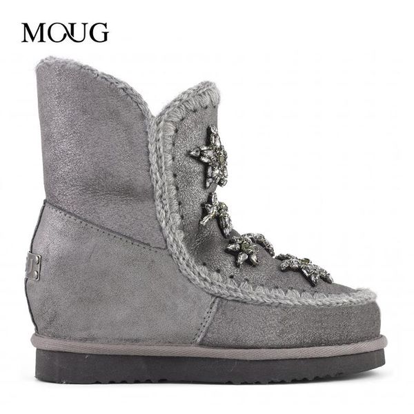 

moug winter fur women snow ankle boots original inner wedge short crystal stars sheepskin suture girl's flats ladies shoes, Black