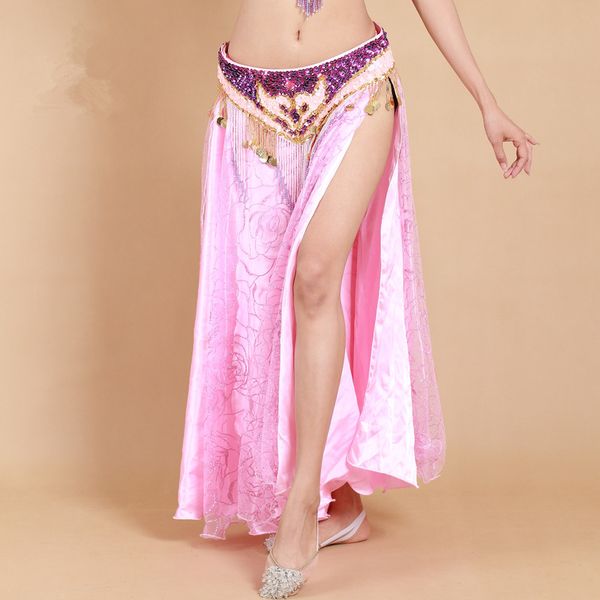 

women bellydance skirt squine oriental dancer costume high slit india bollywood girl arabic princess outfit egypt style pink, Black;red