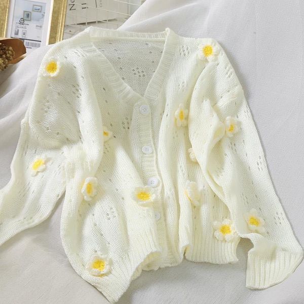 

women sweet daisy knitted cardigan sweater autumn new solid floral v-neck flowers loose casual wild female fashion cardigans c1024, Black