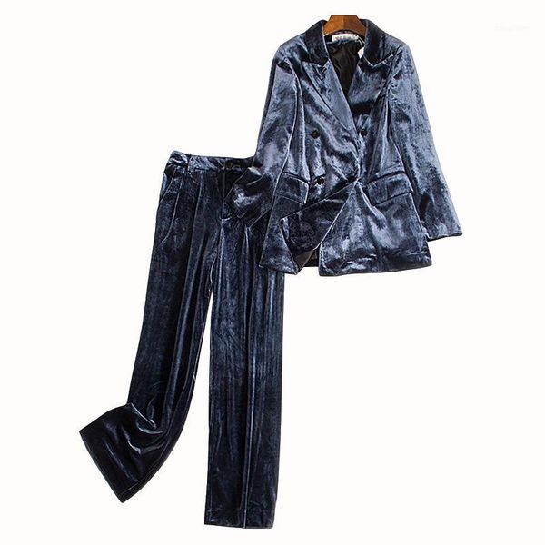 

spring autumn 2020 women fashion korean style velvet blazer and wide leg full length pants one set1, White