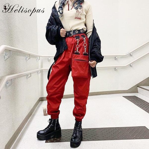 

helisopus 2020 women's elastic waist hip hop pockets cargo pants with metal decoration bunch legs trousers casual streetwear1, Black;white