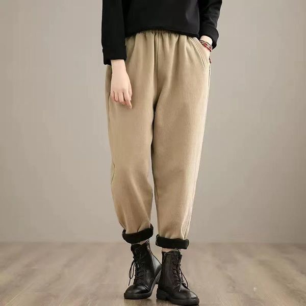 

women winter thick elastic waist pants ladies solid color fleeced trousers female fleece casual pants, Black;white