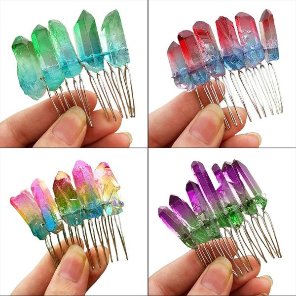 

hair accessories gradient ombre rainbow raw quartz comb contrast colored imitation crystal stone wedding tiara ponytail clip hairpin