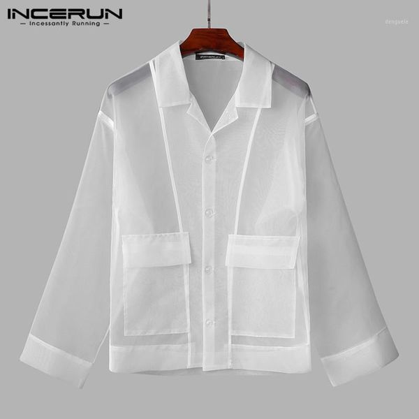 

fashion men mesh shirt lapel long sleeve button pockets transparent camisas nightclub party chic men shirts streetwear incerun1, White;black
