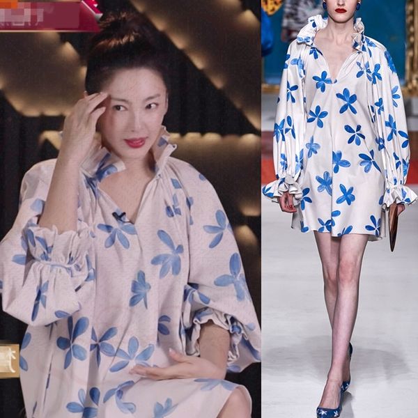 

french style 20 autumn and wear dress winter women's wear winter women's wearzhang yuqi same niche flounced printed long-sleeved s, Black;gray
