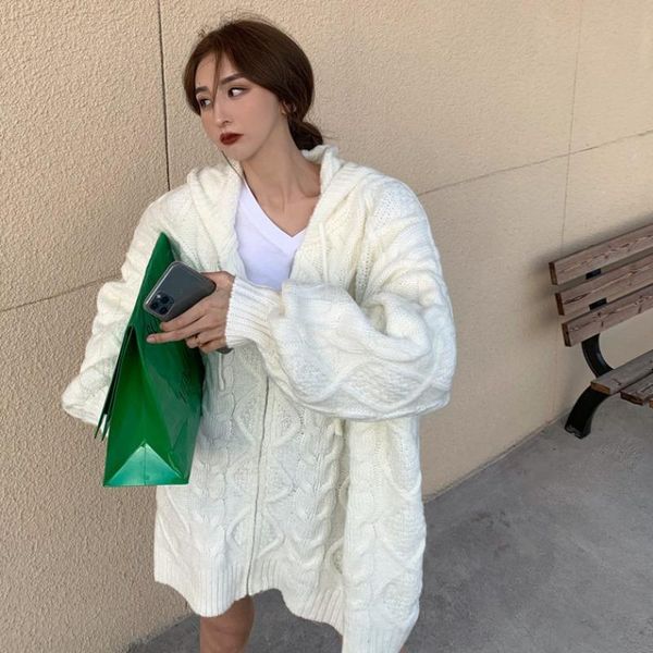 

women's knits & tees twist knitted sweater cardigan jacket autumn and winter retro hong kong style zipper hooded loose outer wear lazy, White