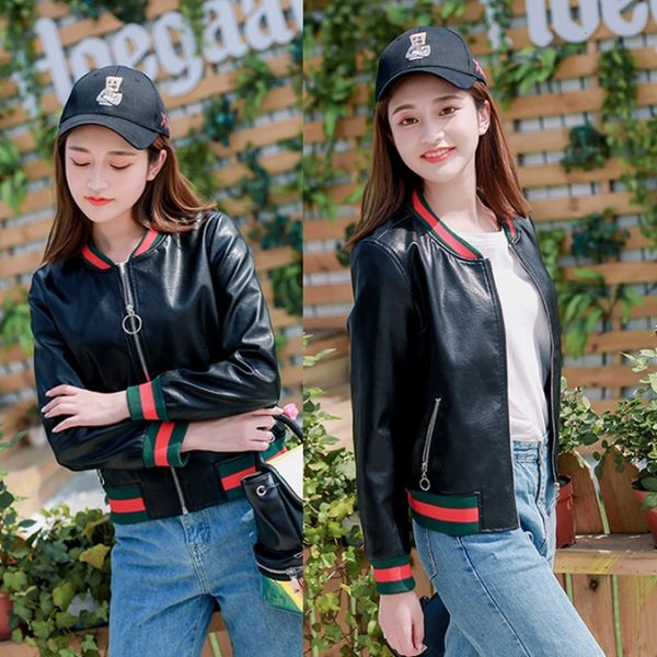 

fashion-hort jacket women black bomber jacket imitation leather round neck basic coats baseball uniform outerwear sweatshirts, Black;brown
