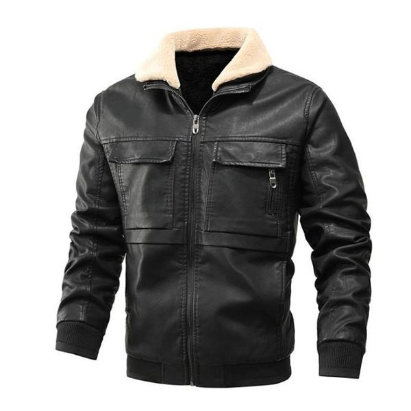 

men's fur & faux autumn leather jacket fashion casual coat men plus velvet warm, Black
