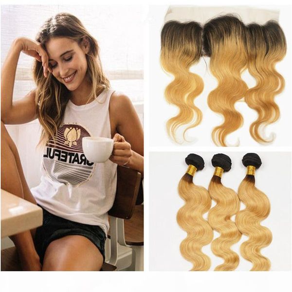 

strawberry blonde ombre peruvian human hair weaves with frontal body wave 1b 27 honey blonde ombre 3 bundles with lace frontal closure 13x4, Black;brown
