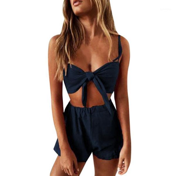 

solid color spaghetti strap 2 piece set women v-neck bow elastic waist short pants women suits summer style women's sets1, White