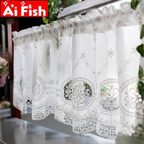 

american luxury white cotton linen hollow embroidery flower half curtain tulle bedroom partition bookcase decoration my467-3