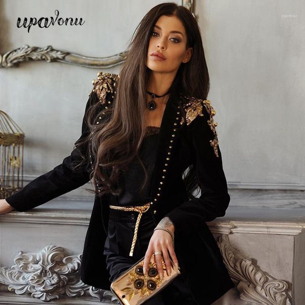 

2020 new women's slim blazer long sleeve fashion club blazer v-neck black single buckle rivets celebrity party long1, White;black