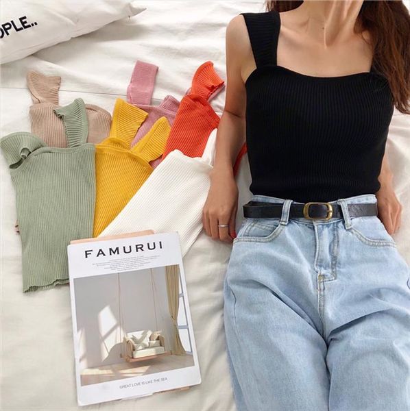 

solid knit cropped camisole girls summer slim stretchy knitted tanks crop female fl1302, White