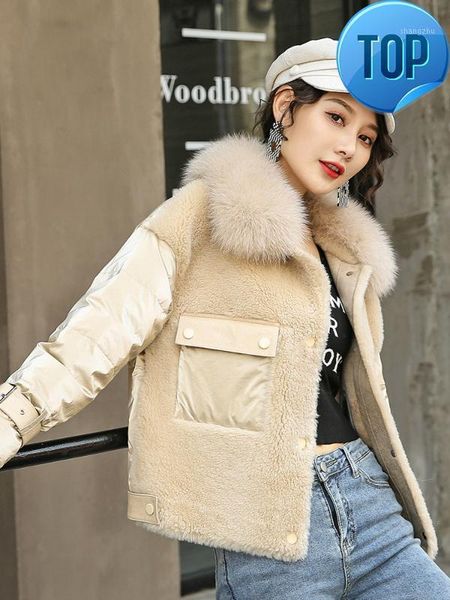 

2020 fur real coat female lamb fur down jacket winter coat women real collar 100% wool manteau femme b89071, Black