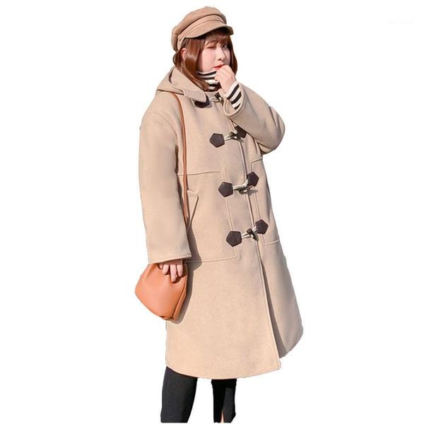 

new winter women's wool coat fashion loose plus size medium long woolen coats female horn buckle woolen overcoat thickened1, Black