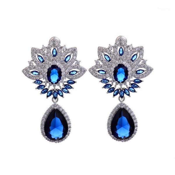 

elegant clear cz and dark blue color + cubic zirconia water earrings1, Golden;silver