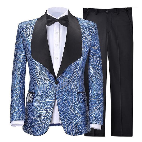 

2020 men suits 2 pieces blue shiny suits fashion shawl lapel printed tuxedos groomsmen for party (blazer+pants)1, White;black