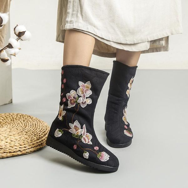 

mid calf boots women winter warm cotton velvet black flower boots vintage embroidery canvas slip on flat platform women booties