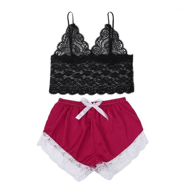 

autumn women erotic lingerie sling shorts satin texture adjustable shoulder strap lace fringe stitching summer clothing1, Red;black
