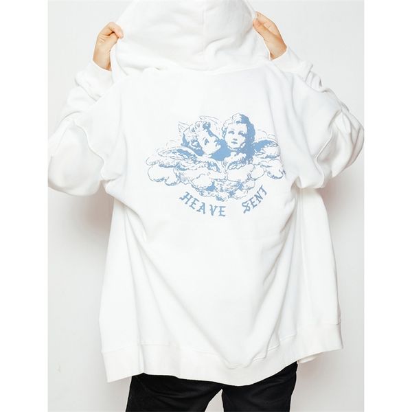 

vintage white angel print hoodie women autumn white cotton long sleeve zipper female casual chic streetwear hoodied 201203, Black