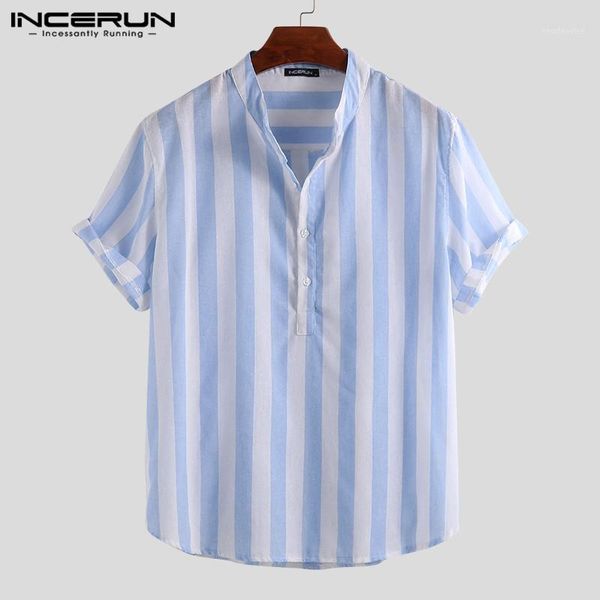 

incerun striped cotton casual shirt men stand collar loose harajuku short sleeve retro leisure shirts men camisa masculina 20201, White;black