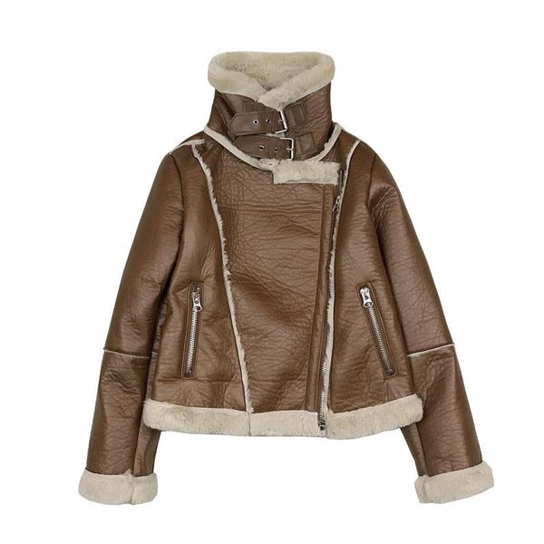 

women short faux leather jackets with velvet thick warm coats long sleeve zipper outerwear pu caramel jakcet moto&biker winter, Black