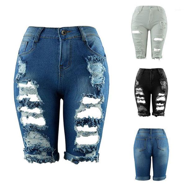 

women summer half length jeans high waist ripped hole stretch slim torn woman new fashion streetwear denim shorts1, Blue