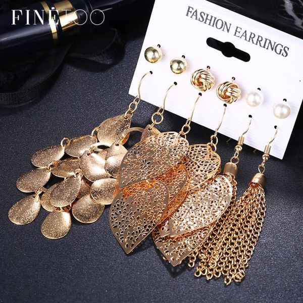 

stud bohemian gold color hollow leaf teardrop tassel earrings for women mixed geometric round ball pearl set, Golden;silver