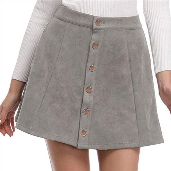 

skirt ladies street casual deer suede button skirt short waist plain a line short mini skirt ladies simple daily, Black